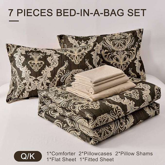 WONGS BEDDING 7 Pieces Comforter Set King Size,Damask Texture Design Bed in a Bag Bedding Sets,Brown Soft Lightweight Microfiber Bedding Set for All Season