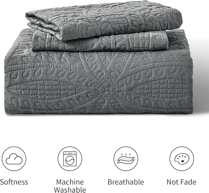 Love's cabin King Size Quilt Bedding Set Dark Grey Bedspreads - Bed Lightweight Bedspread Comforter - Coin Pattern Bedding Coverlet for All Season - 3 Pieces (1 Quilt, 2 Pillow Shams)
