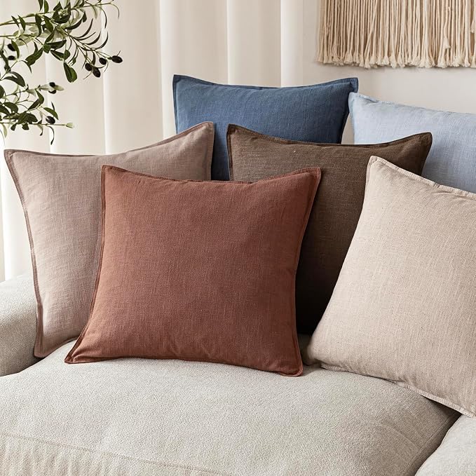 Foindtower Linen Solid Decorative Throw Pillow Covers 24x24 Inch Rust Red | Boho Farmhouse Morden Pillowcase,Pack of 2 Soft Accent Cushion Covers,Rustic Home Decor for Chair Couch Bedroom Living Room