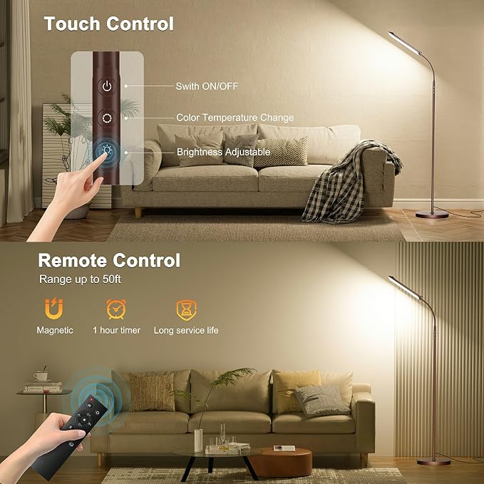 Yikuneng Dimmable LED Floor Lamp, Super Bright Reading Lamps Floor Standing lamp with Remote & Touch Control, Stepless Dimming & 2700K-6500K Color Temperature, for Living Room Bedroom Office, Brown