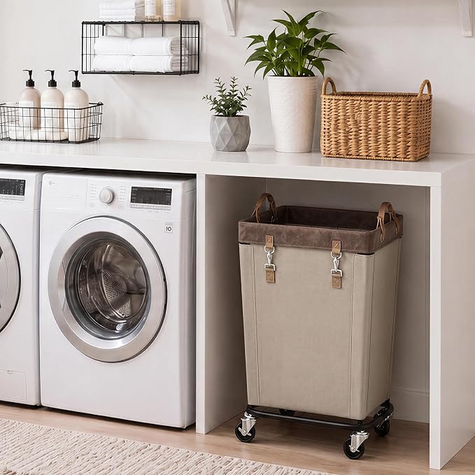 StorageWorks 110L Laundry Basket with Wheels, Rolling Hampers for Clothing | Light Kahki Laundry Rolling Cart with Handles for Bedroom, Bathroom, Dorm, Hotel