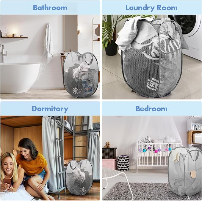 2 Pack Pop Up Laundry Hampers, 70 L Collapsible Foldable Mesh Basket, Gray | Reinforced handles, breathable fabric, foldable, portable for dorm college travel camping cruise, dirty clothes, toys storage