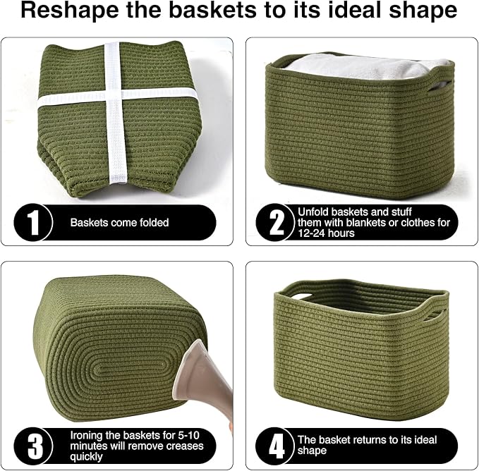ICERZCZ Storage Basket for Shelves, Small Baskets for Organizing, Woven Cotton Rope Baskets for Storage, Book Basket, Decorative Shelf Basket, 12.5"Lx9.1''Wx7.9''H (4 Packs) Green