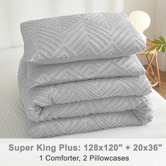 Litanika Super King Plus Comforter Set, 3 Pcs Tufted Boho Bedding Set | Light Grey Farmhouse Shabby Chic Vintage Bohemian Textured Aesthetic Soft Fluffy Lightweight Breathable All Season Bed Set