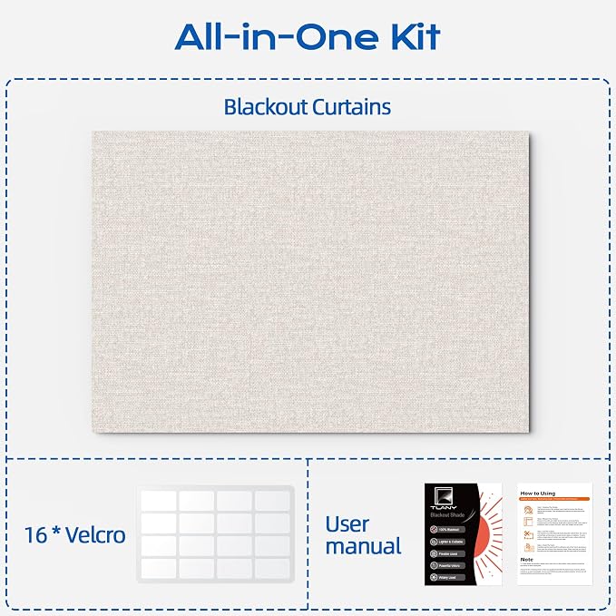 Linen Blackout Curtains for Bedroom, 100" x 58" Portable Blackout Blinds | 100% Blackout Window Cover with Hook&Loop Strip, Temporary Blackout Shades, Blackout Window Film for Nursery Travel RV- Cream