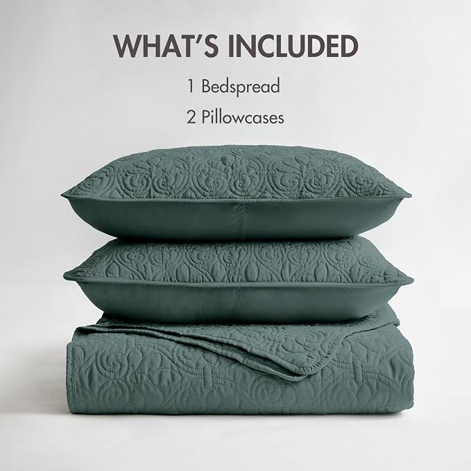 Madison Park Queen Quilt Bedding Set, Cottage-Inspired Damask, 3PC | All Season Quilted Coverlet, Classic Stitch Pattern Bedspread & Shams, Ultra Soft Microfiber Bedspread Set, Balsam Green