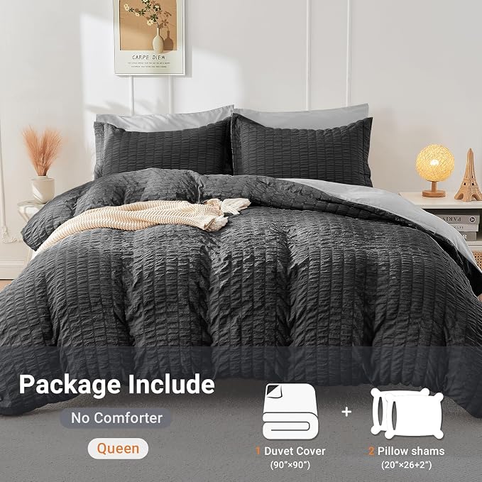HYMOKEGE Dark Grey/Light Grey Duvet Cover Queen Size, Ultra Soft 3-Piece Seersucker Duvet Cover Set with Zipper Closure, Soft Brushed Microfiber Bedding Set with 8 Corner Ties (90"x90", 2 Pillowshams)
