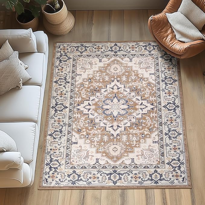 3 x 5 Area Rugs for Living Room, Washable Boho Carpets Brown Beige | Faux Wool Rug for Entryway Bedroom, Floral Medallion Vintage Rugs with Non-Slip Rubber, 0.25inch Low Pile, Kid & Pet Friendly