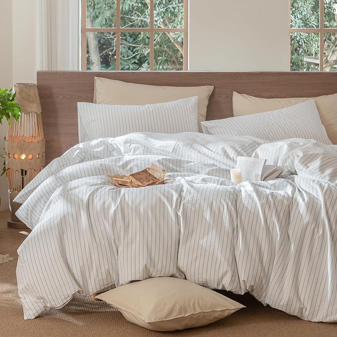 MooMee Striped Duvet Cover Set 100% Washed Cotton Linen Like Alaska King | Relaxed Linen-like Texture. Soft, Breathable & Long-lasting Comfort. Lightweight. Hidden Zipper with 8 Interior Corner Ties