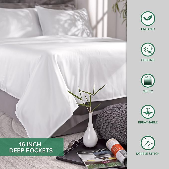 Pure Bamboo Queen Sheets, Genuine 100% Organic Viscose Derived from Bamboo Bed Sheet Set, Luxuriously Soft & Cooling, Double Stitching, 2 Year Quality Promise (Queen, Pesto)