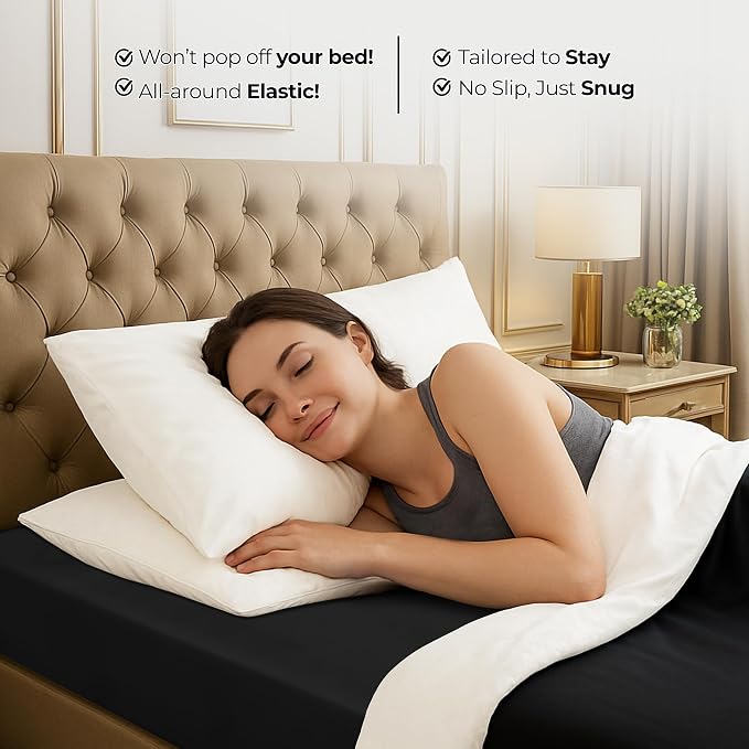 Full Fitted Sheet, Ultra Soft Fits Up to 16 Inch Deep Pocket, Black | Hotel Comfort, Cooling & Breathable Cotton like Polyester, Easy Fit, Wrinkle & Fade Resistant, Snug Fit, Easy Care, Oeko-Tex
