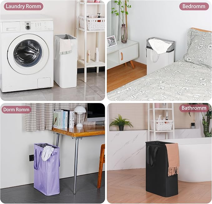 efluky Slim Laundry Basket, Narrow Laundry Hamper with Handles, Collapsible Dirty Clothes Hamper, Tall Laundry Bin for Laundry Room, Dorm and Bedroom, 12.7 Gallons(48L) Light Purple