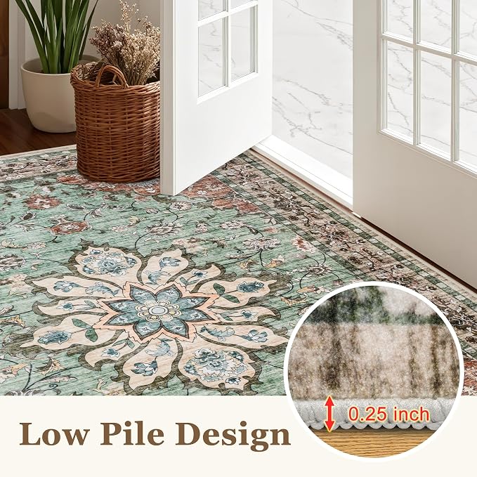 Round Area Rug for Living Room: 4ft Boho Washable Rug Brown Green | Vintage Boho Soft Round Rug Indoor Floor No Slip Carpet Stain Resistant Rugs for Bedroom Dining Room Nursery Home Office