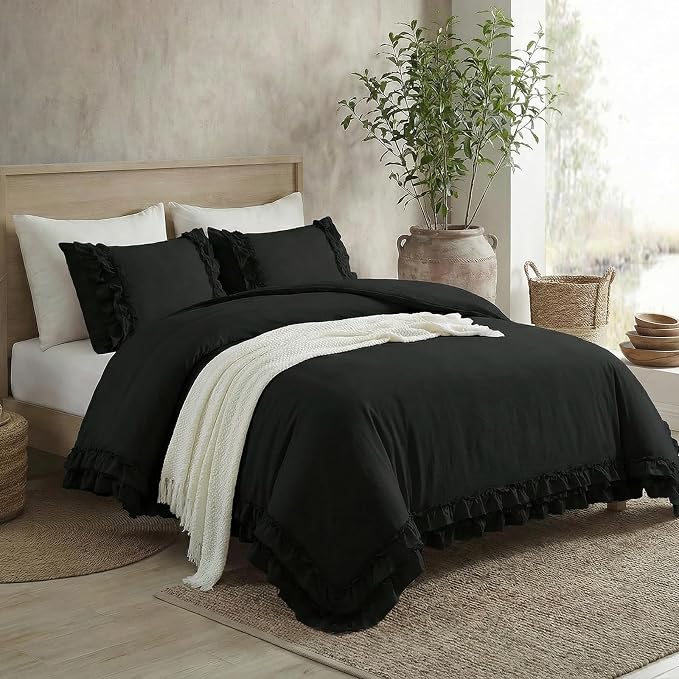 Bedorm Black Duvet Cover Twin Pleated Ruffled Bedding Set Shabby Chic Lace Ruffle Fringe French Country Room Decor Super Soft Cozy Black Boho Duvet Cover Sets