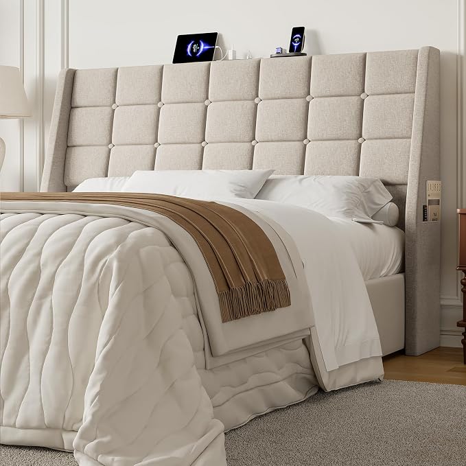 Queen Size Headboard with Charging Station, Wingback Ergonomic Headboards | Wingback Upholstered Bed Head Board with Storage Pocket, Sturdy Stable Solid Wood Headboard, Bed Frame Adapters, White Beige