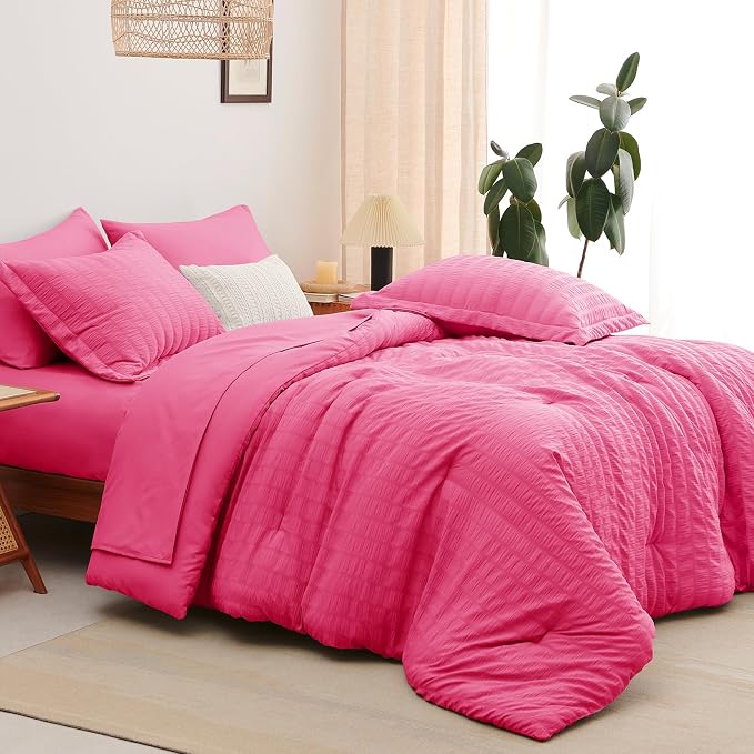 Full Size Comforter Sets, 7 Pieces Hot Pink Seersucker Bed in a Bag | OEKO-TEX Certified, All Season Bedding Set with 240 GSM Down Alternative Comforter, Flat & Fitted Sheets, Pillowcases & Shams