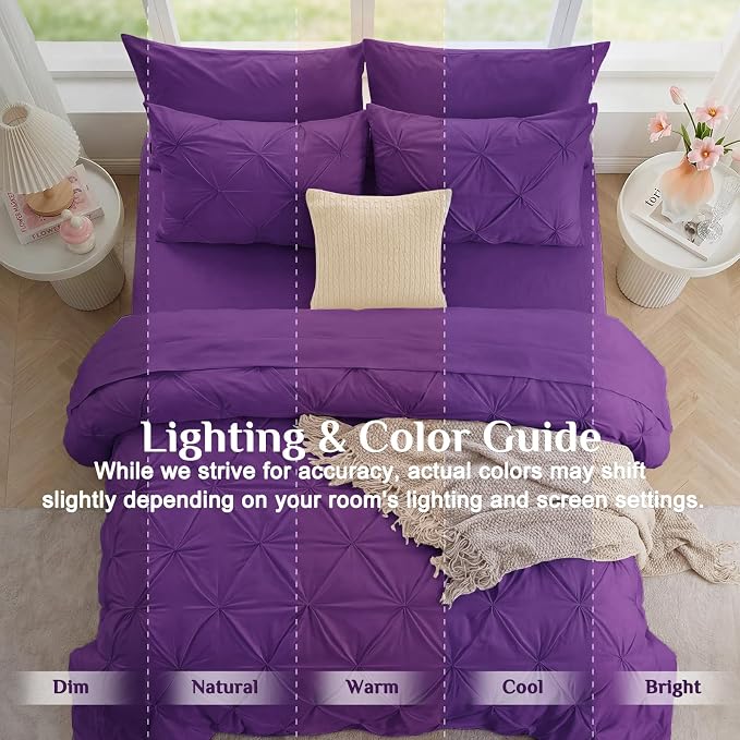 JOLLYVOGUE Queen Comforter Set 7 Pieces - Bed in a Bag Queen for All Season, Pintuck Bedding Comforter Sets with Comforter, Flat Sheet, Fitted Sheet and Pillowcases & Shams, Purple