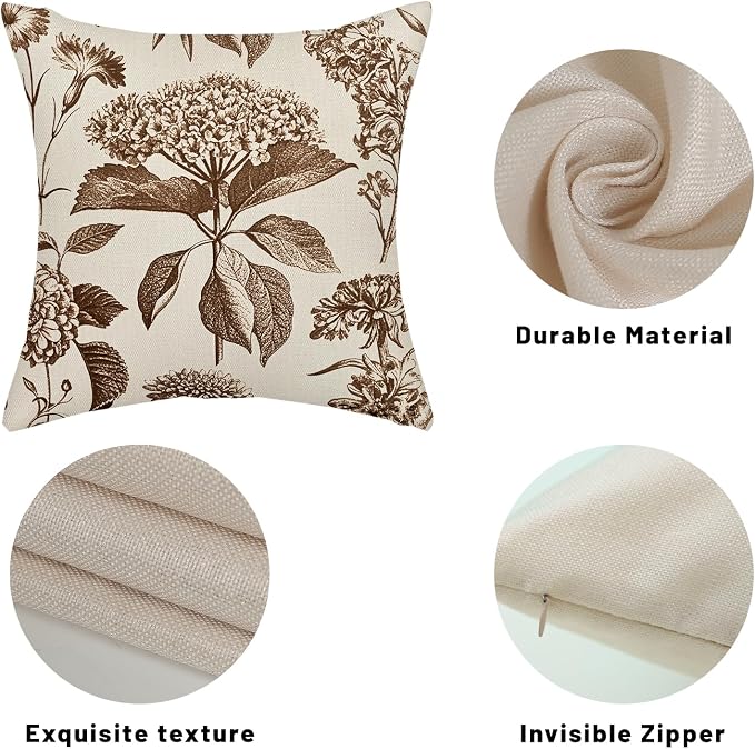 Brown Pillow Covers 18x18 Inch 2 Pcs Boho Vintage Floral Decor Throw Pillows Hydrangea Flower Seasonal Outdoor Farmhouse Neutral Accent Decoration Pillowcase Linen Cushion Cover for Couch