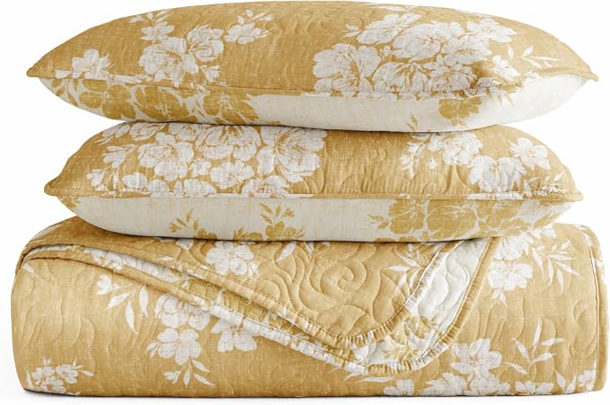 Merit Linens 3 Piece Quilt Set - Super Soft - Lightweight - All Season Quilted Coverlet - Timeless Patterns - Full/Queen Mustard
