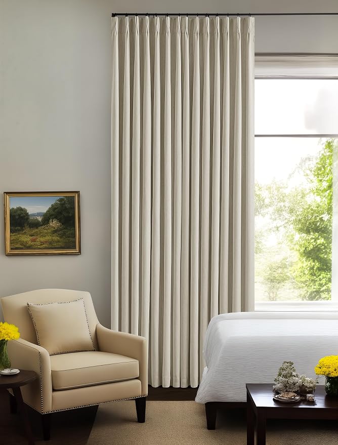 Burlywood Birch Pleated Blackout Linen 92 Inch Long Curtains 60 Inch Wide | 100% Black Out, Memory Trained, Pinch Pleat with Back Tab, Energy Efficient, Thermal Insulated Neutral Drapes W60xL92 1 Panel