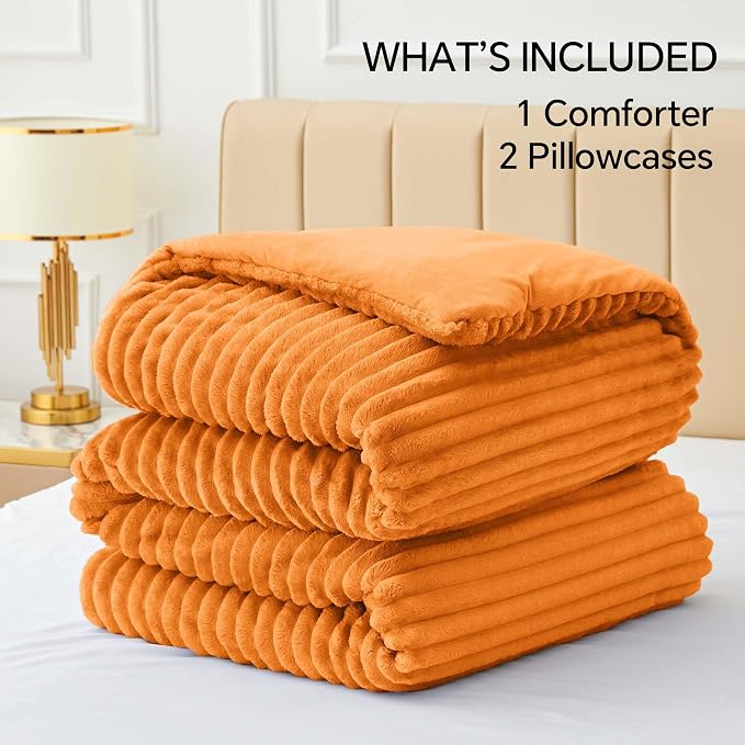 BEDELITE Fleece Full Comforter Set, Fluffy Bed Set, Burnt Orange | Super Soft & Warm Bedding, Luxury Fuzzy Faux Fur Comforter for Winter, Heavy Plush Bedding, with 2 Pillowcases