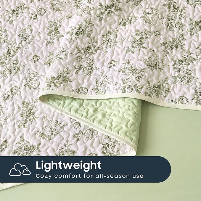 Wake In Cloud - Floral Quilt Set, Shabby Chic Coquette Cottagecore Vintage Flower for Women Teen Girls, Reversible Lightweight Bedspread Coverlet, 3 Pieces, Sage Green, Queen/Full Size