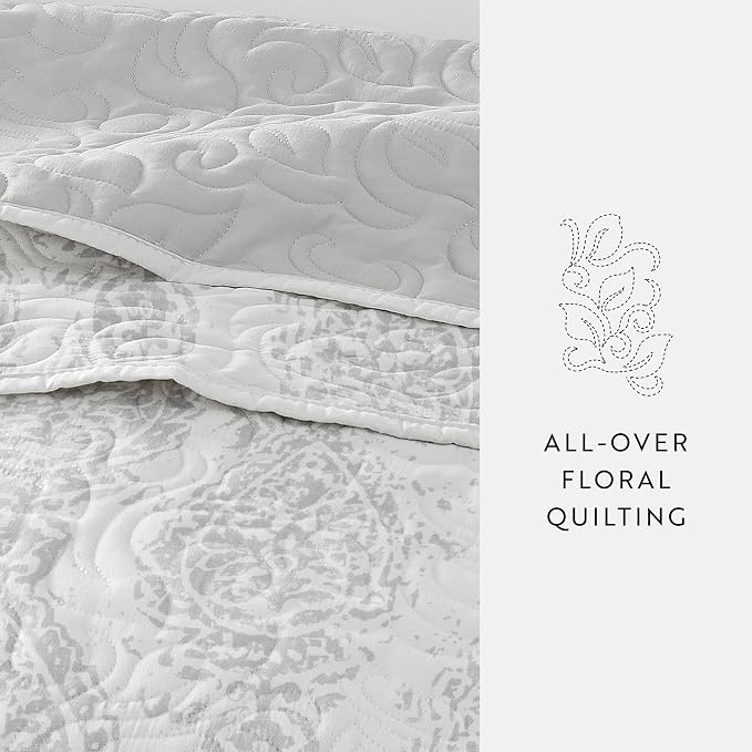 Merit Linens Soft Quilt Coverlet Bedding Set - Pattern/Solid Reversible - King/Cal-King Light Gray