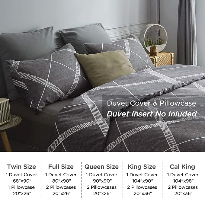 TOCOMOA Plaid Duvet Cover Set 100% Natural Cotton, Grey & White, Queen | Soft, Comfy & Breathable. Printed Bedding Set with Hidden Zipper & 8 Corner Ties. 3PCs, Comforter Not Included