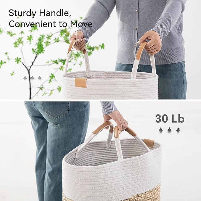 Nunsino 62L Striped Laundry Hamper with Leather Handles,Large Foldable Laundry Basket for Clothes,Cotton Rope Storage Bin for Blankets,Woven Clothes Basket for Bedroom, Beige Stripes