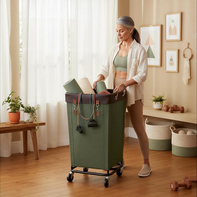 StorageWorks 160L Laundry Basket with Wheels, Rolling Hampers for Clothing | Green Laundry Basket with Wheels, Metal Frame & Handles, Rolling Hamper for Bedroom, Bathroom, Dorm, Hotel
