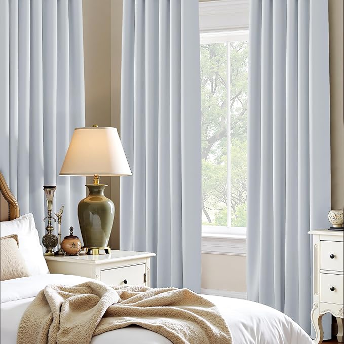 PONY DANCE Short Room Darkening Curtains 48 inch Long for Small Window, Rod Pocket Privacy Bathroom Draperies, Lighting Filtering Drapes for Basement(2 Panels Set,Greyish White, W42 x L48 inches)