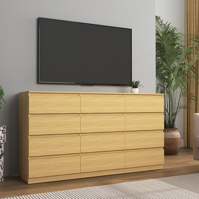 Vibe & Dine 12 Drawer Dresser, 59.1" Large Dresser for Bedroom Free Handle, Modern Wooden Chest of Drawers with Wide Storage for Living Room, Natural Wood