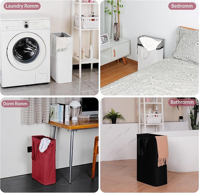 efluky Slim Laundry Basket, Narrow Laundry Hamper with Handles, Collapsible Dirty Clothes Hamper, Tall Laundry Bin for Laundry Room, Dorm and Bedroom, 48L (12.7 Gallon) Burgundy Red