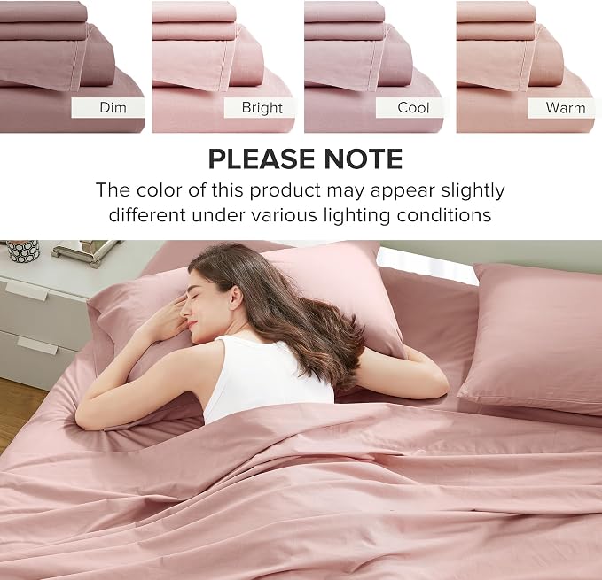 Comfort Spaces 100% Cotton Percale Sheets King Sheet Set 4 Pcs, Pink | Crisp, Cool & Breathable Bed Sheets, 14" Deep Pocket Fits Up to 16" Mattress, Lightweight, All Season Cozy, with Pillow Case