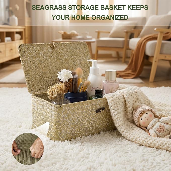 Nonam Wicker Storage Basket with Lid, Seagrass Shelf Basket Set of 2, White | Wicker Basket Container for Organizing, Boho Decorative Basket, Rectangular Household Storage Boxes for Home Organization