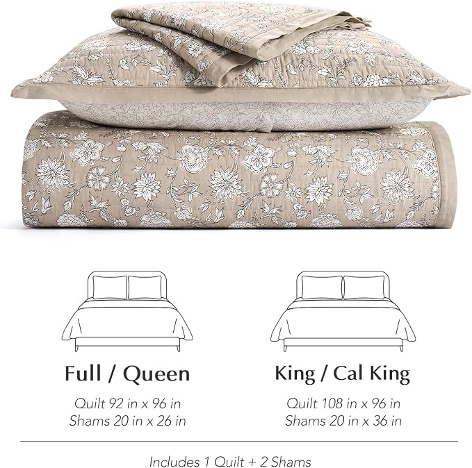EverGrace 100% Cotton Floral Quilt Set, King Size, Sandstone Beige 108"×96" | Reversible Lightweight Bedspread Coverlet, Vintage Floral Farmhouse Bedding, Traditional Botanical Quilt with 2 Pillow Shams