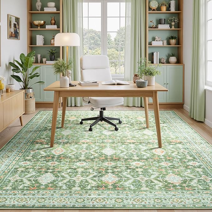 5 x 7 Washable Area Rugs for Living Room,Soft Non Slip Light Green | Durable Stain Resistant,Kid Pet Friendly,Compatible with All Vacuums,0.25inch Low Pile for Bedroom Dining Room Home Office