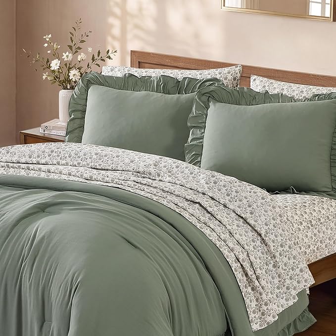 Queen Comforter Set-7 Pieces Ruffle Bedding with Floral Sheet | Green Floral Bed in a Bag, Soft Lightweight All Season Farmhouse Queen Bedding Sets with Floral Sheets, Pillowcases & Shams
