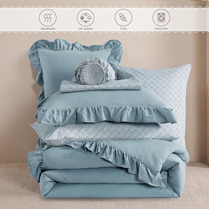 Queen Comforter Set-7 Pieces Ruffle Bedding with Floral Sheet | Misty Blue Bed in a Bag, Soft Lightweight All Season Farmhouse Queen Bedding Sets with Floral Sheets, Pillowcases & Shams