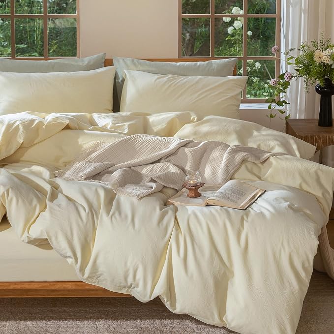 MooMee Duvet Cover Set 100% Washed Cotton Linen Like Oversized King | Relaxed Linen-like Texture. Soft, Breathable & Long-lasting Comfort. Lightweight. Hidden Zipper with 8 Interior Corner Ties