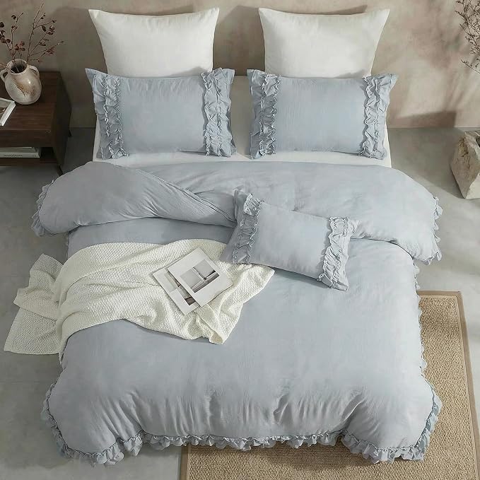 Bedrom Ruffled Queen Duvet Cover Set Blue Grey Bedding Set Shabby Chic Light Gray Boho Bedding Super Soft Lightweight Farmhouse Ruffle Duvet Cover Set for All Season
