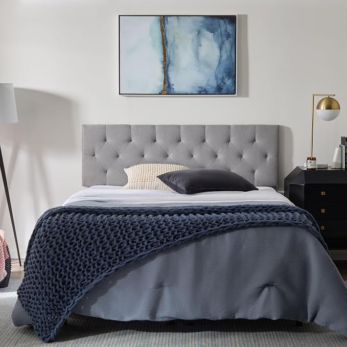 Lucid Mid-Rise Upholstered Headboard - Diamond Tufted - Padded Polyester - Adjustable Height from 34” to 46” - Easy Assembly - Bed Frame or Wall Mount - Sturdy - Stone - Queen Size