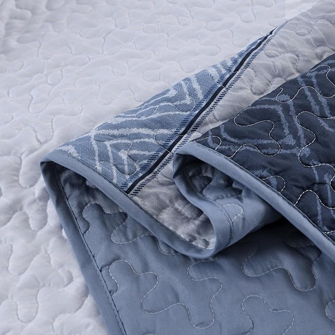 Cottolester California King Quilt Set,3 Pcs Mineral Blue Striped Bedspread | Ultra Soft Lightweight Coverlets Set for Men Women,Microfiber Quilt Bedding Sets for All Seasons 110"x96"