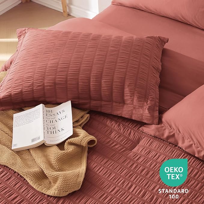 5 Pieces Twin XL Comforter Set, Seersucker Bed in a Bag Twin XL Size, All Season Luxury Bedding Set with Comforter, Flat Sheet, Fitted Sheet, Pillowcase & Sham, Coral