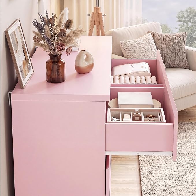 6 Drawer Double Dresser for Bedroom, Modern Simply Chest of Drawers, Wood Storage Dresser with Anti-Tipping for Living Room Hallway Entryway, Nursy Pink (15.3" D x 47.2" W x 32.3" H)