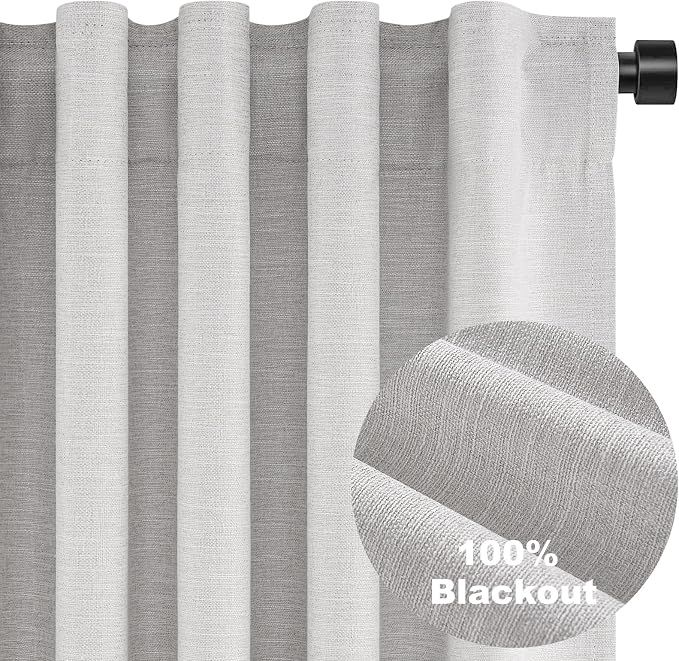 Topfinel 100% Blackout Curtains 90 Inches Long for Living Room 2 Panels Set Thick Linen Texture Energy Saving Curtain Window Coverings Hook Belt Pleated Drapes Aesthetic Bedroom(W40 xL90,Grey Beige)