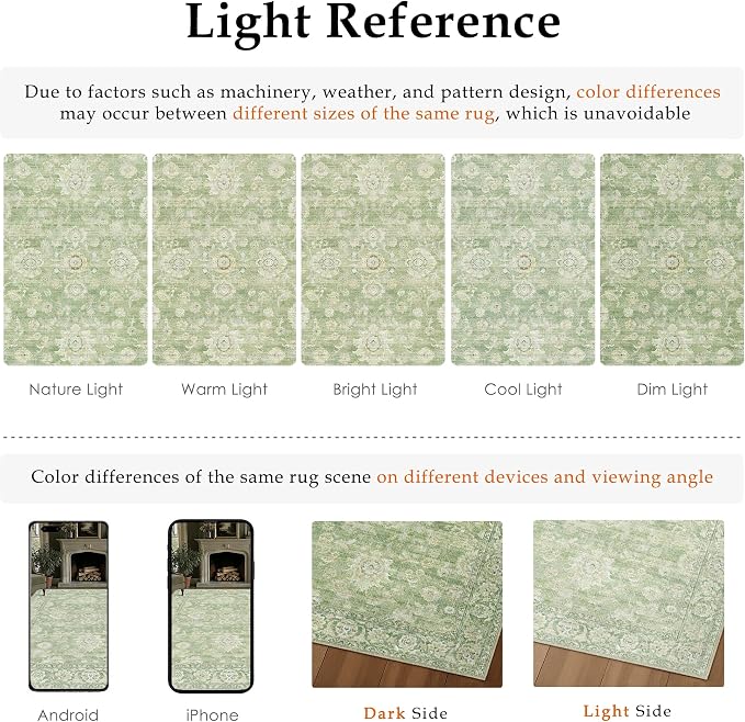 6x9 Green Neutral Area Rug | Washable, Vintage, Soft, Non Slip, Low Pile, Distressed, Carpet for Living Room Bedroom Dining Room Nursery Home Decor