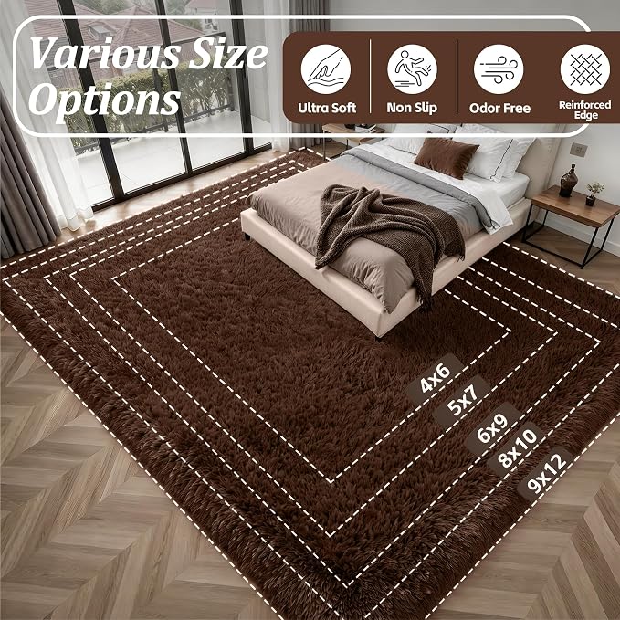 8x10 Area Rug Living Room Bedroom: Fluffy Plush Shag Carpet Brown | For Kids Room Playroom Nursery Home Decor,Ultra Soft,Non-Slip Non-Shedding,Fuzzy Plush,Large Indoor Floor Carpet,Easy Clean