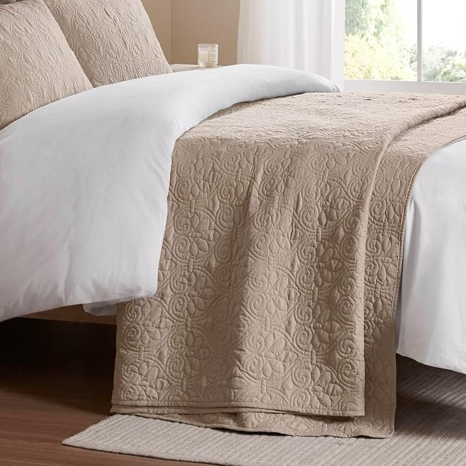 Madison Park Queen Quilt Bedding Set, Cottage-Inspired Damask, 3PC | All Season Quilted Coverlet, Classic Stitch Pattern Bedspread & Shams, Ultra Soft Microfiber Bedspread Set, Khaki
