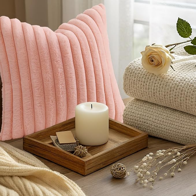 decorUhome Fall Faux Fur Throw Pillow Covers 18x18 Set of 2 Blush Pink | Decorative Soft Cozy Striped Plush Modern Farmhouse Boho Couch Pillow Cases Velvet Back for Sofa Bed Living Room Home Decor
